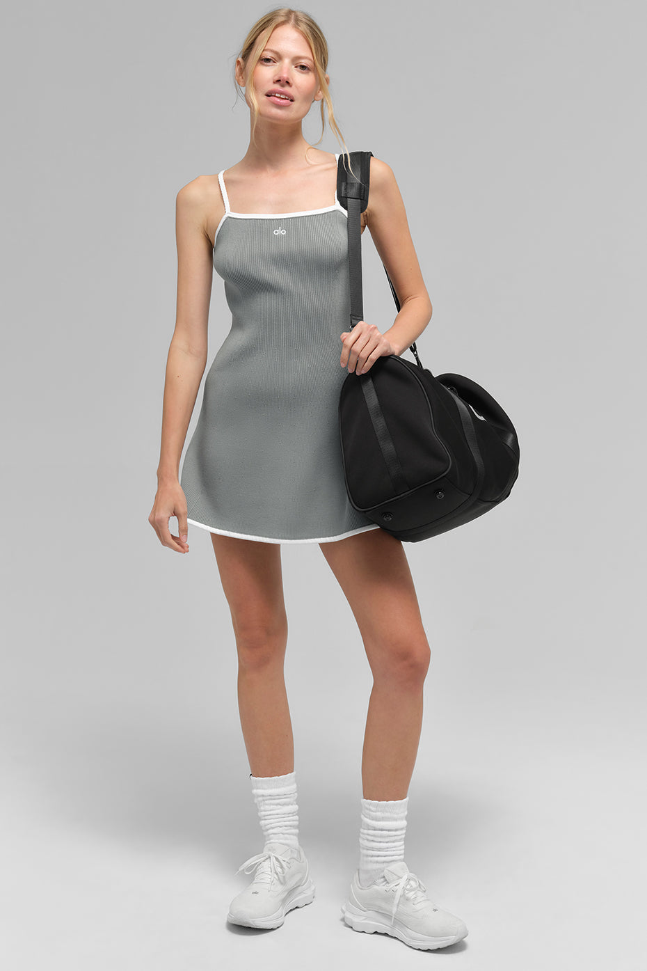 Ribbed Sweater Knit Highline Dress - Lunar Grey/White